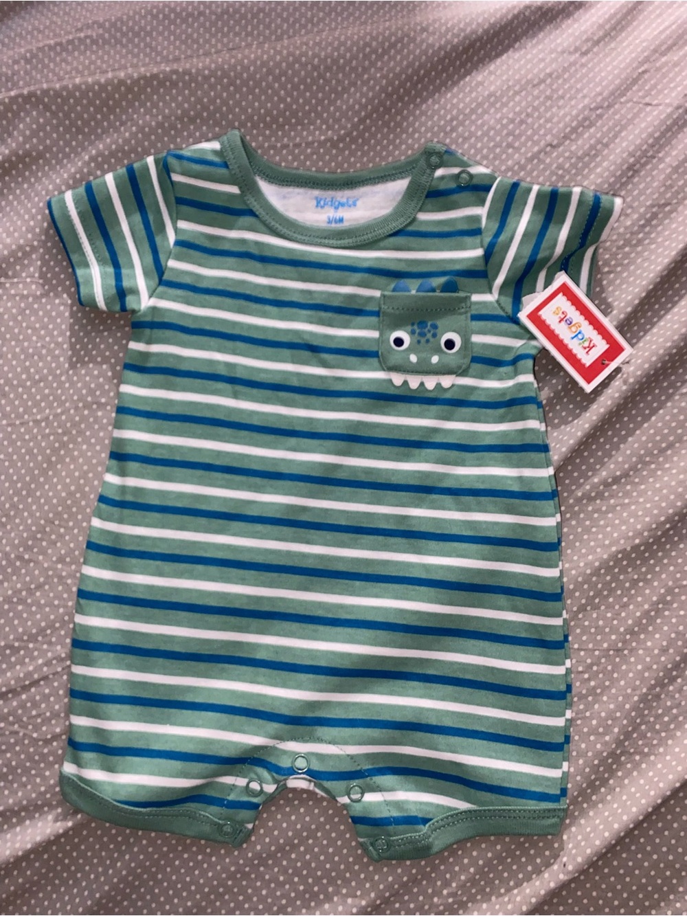 Brightly Green Striped Monster Pocket Romper